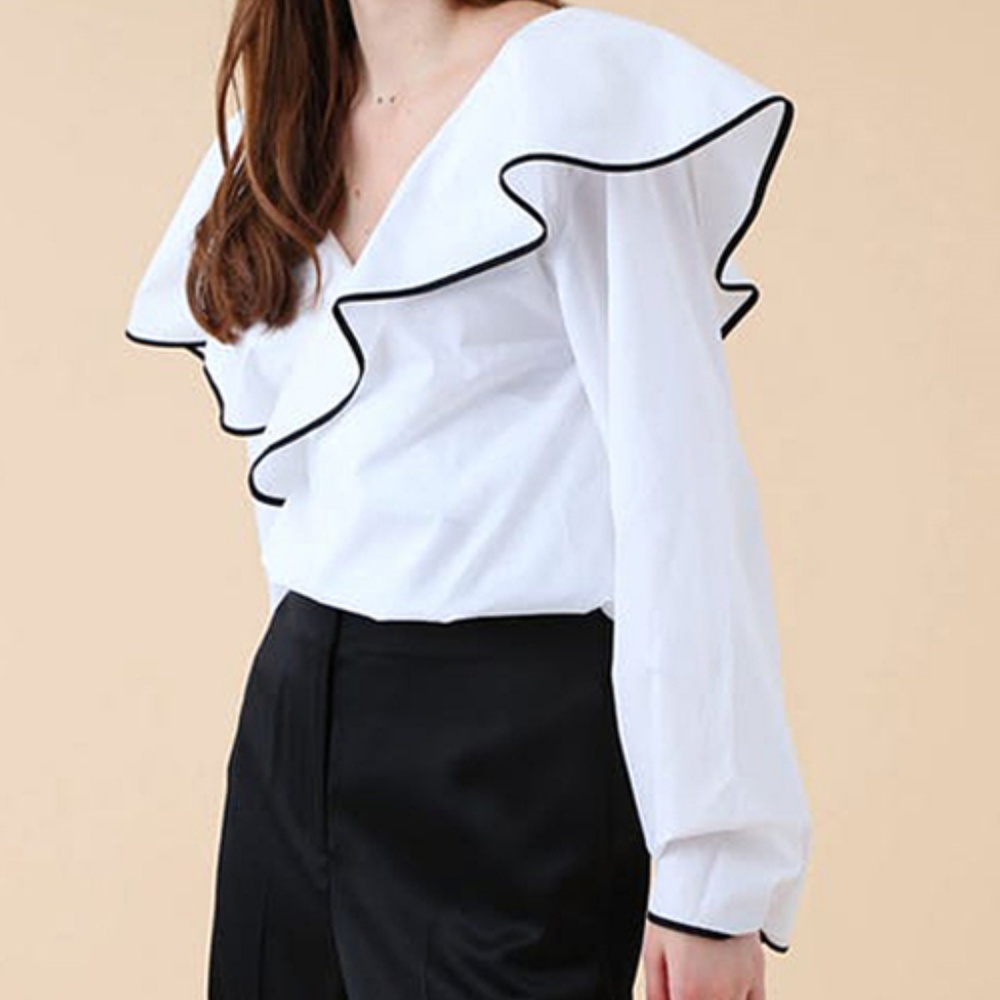 Long sleeve Cotton Ruffle Front Draped Blouse